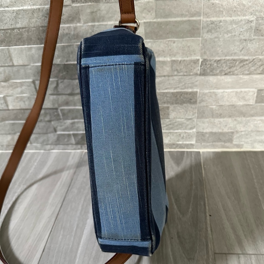 Kate Spade Denim Stripe Crossbody Camera Bag- leather Strap- Blue Brown Gold - Picture 6 of 11